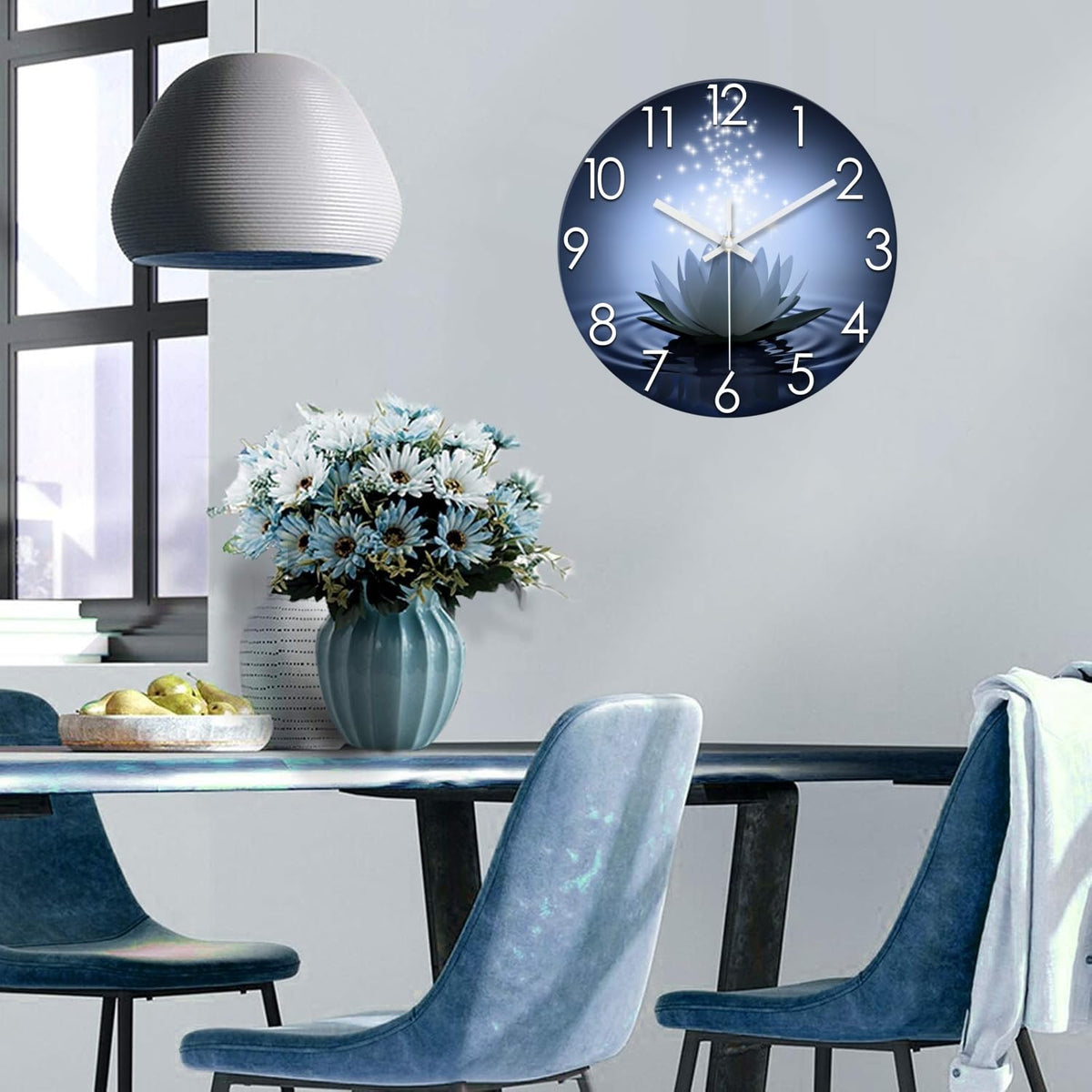 White Lotus Glass Wall Clock 20 Inch Blue Zen Flowers (White Lotus / 20 Inch)