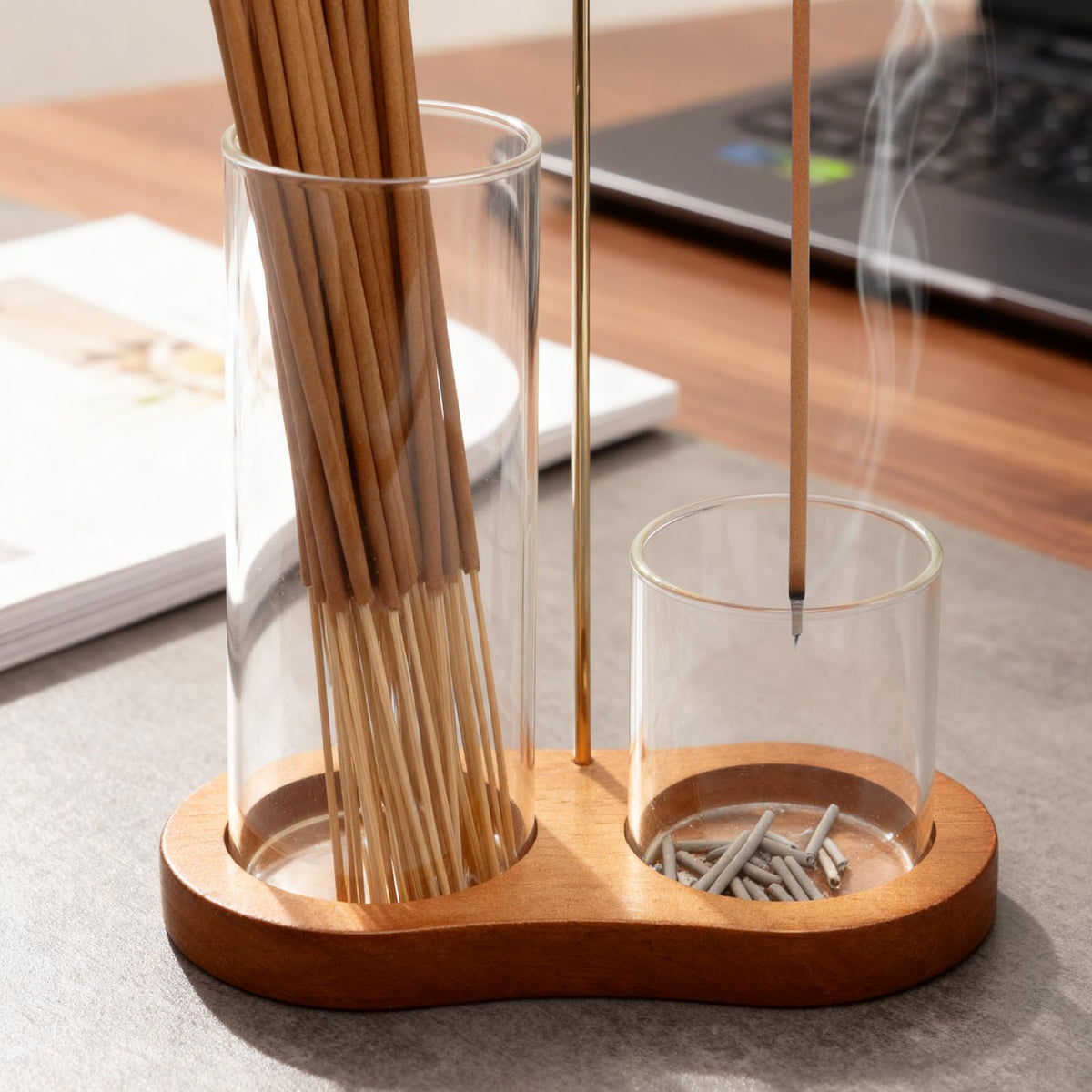 2-in-1 Incense Holder for Sticks, Incense Burner Holder with Glass Ash Catcher & Stick Storage, Bedroom House Yoga Meditation Zen Decor, Spa Gifts for Women, Unique Cozy Home Decor, Natural Wood (Natural Wood)