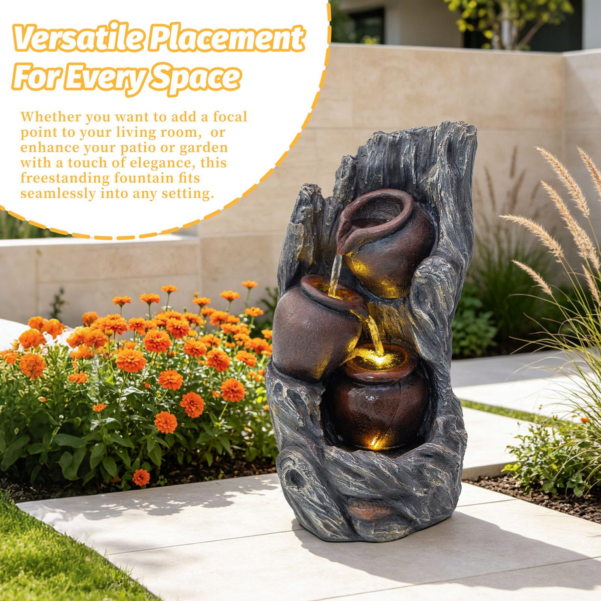 18.7" Resin Cascading Water Fountain Outdoor Indoor with LED Lights (18.7in Deed Tree Trunk & Jar)