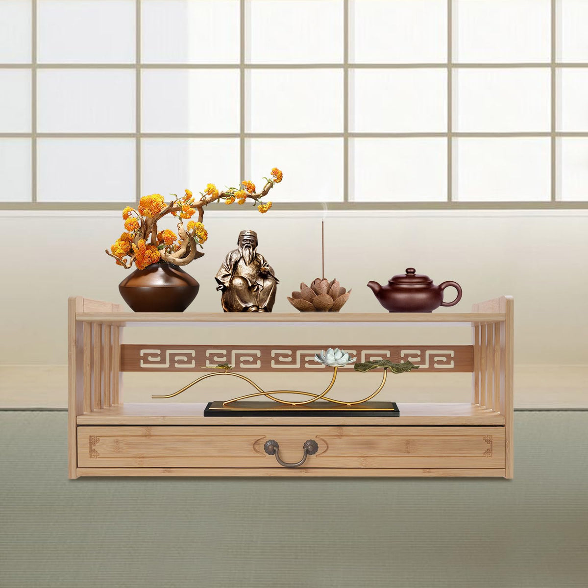 Altar Table Meditation Table with 1 Drawer Coffee Table for Sitting Multi (Wood Color / 69*25*28cm/27.2*9.8*11in)