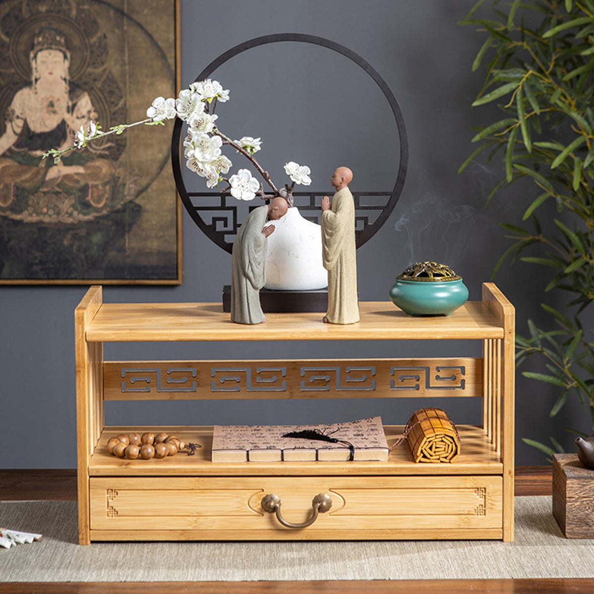 Low 3 Tier Meditation Table with Drawer (Wood Color / 20.4”W)