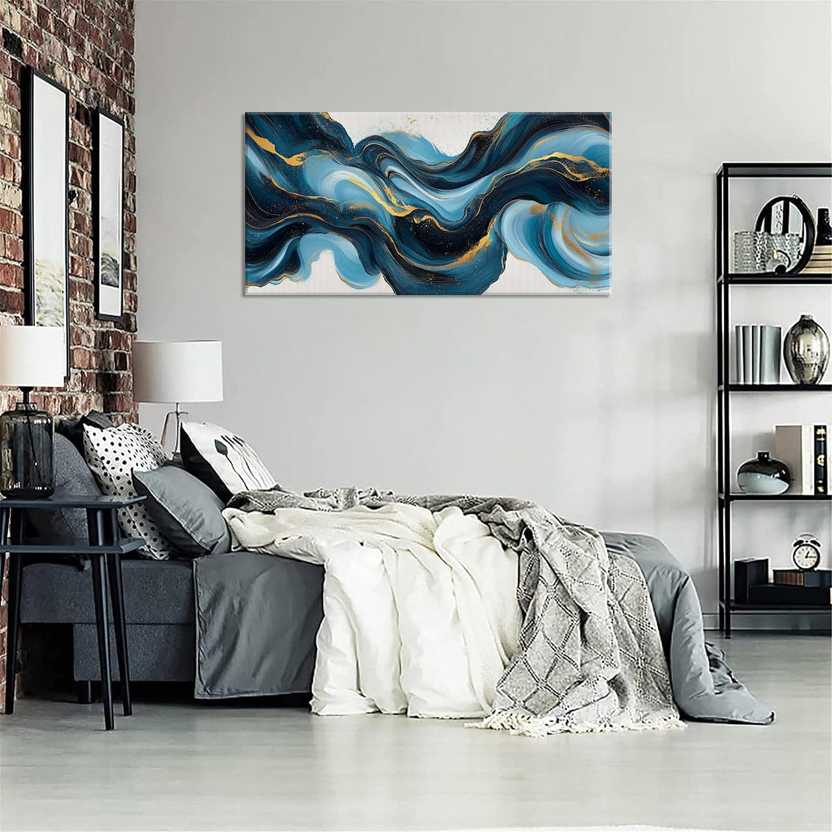 Abstract Blue and Gold Swirling Stripe Wall Art for Living Room Office Contemporary Art Deco White Background Painting Prints Modern Canvas Artwork Over the Couch Bedroom Decor Extra Large (58"L x 28"W / Blue and Gold Swirling Stripe Wall Art (K870))