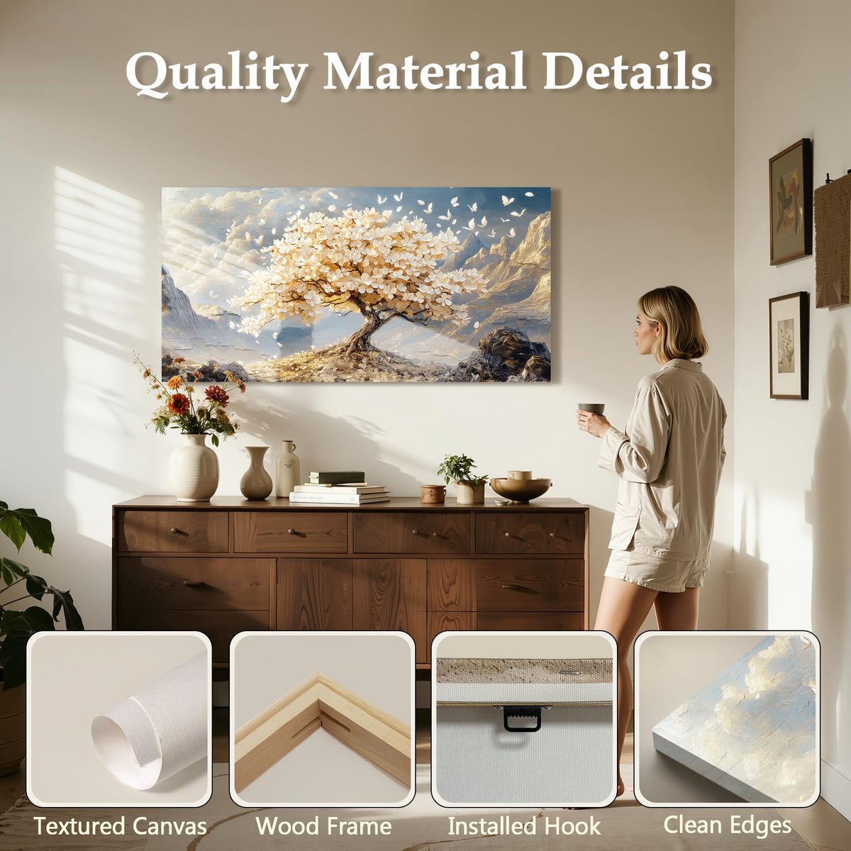 Zen Tree of Life Wall Art Mountain Landscape Large Decor Gold (White Tree / 40"L x 20"W)