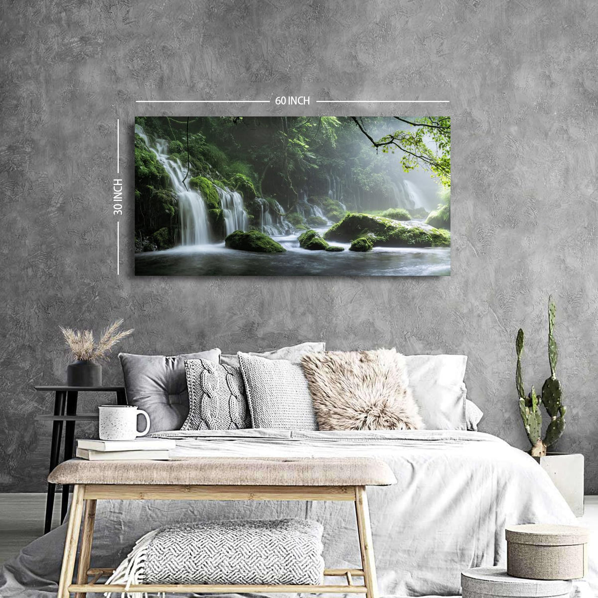 Large Green Waterfall Wall Art Nature Forest Landscape Picture for Living Room Country Mountain Scenery Painting Zen Wall Decor Vintage National Park Lake Poster Bedroom Meditation Decoration 30x60 (57.8"L x 30"W / Forest Waterfall)