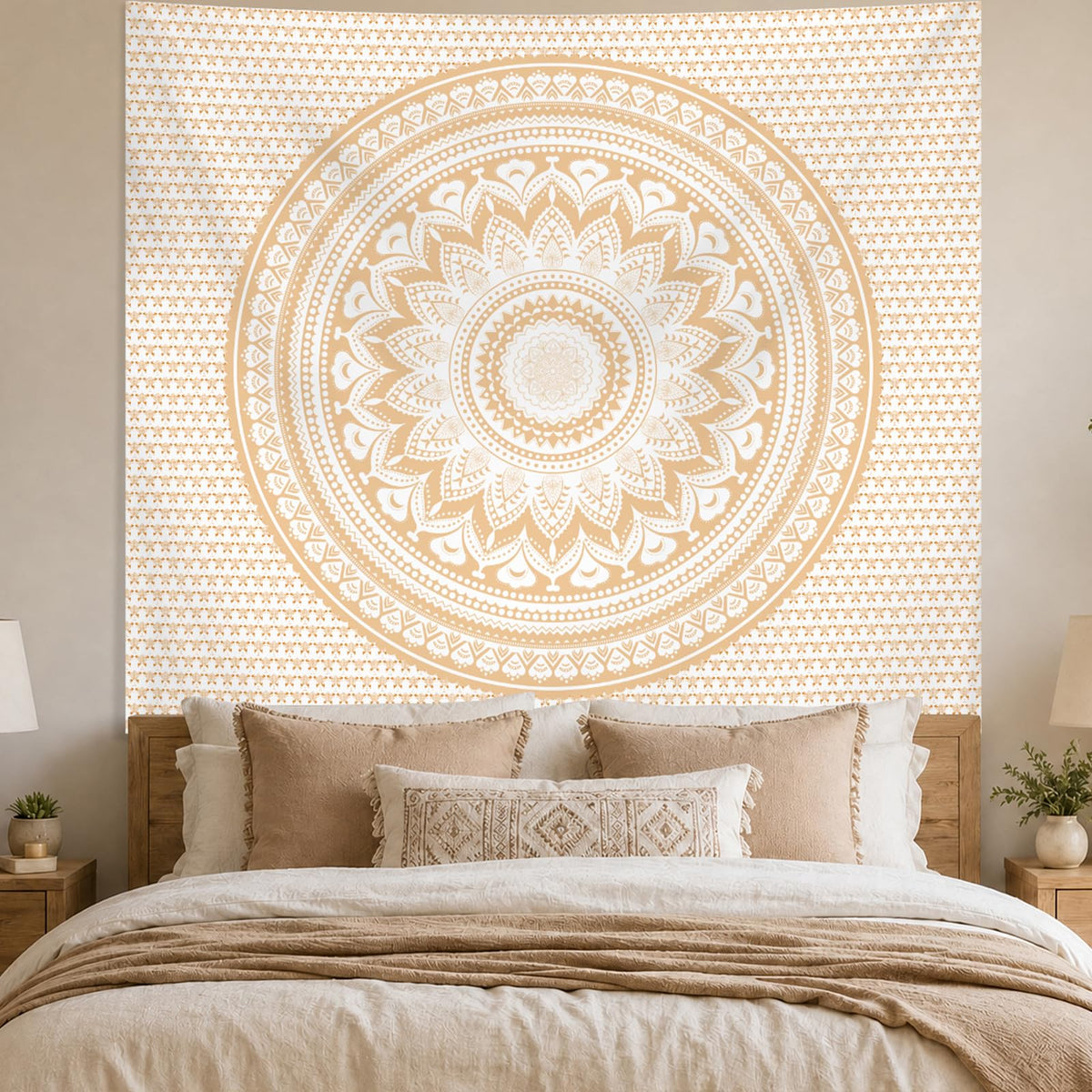 Boho Mandala Wall Tapestry for Bedroom (A-Beige Mandala Tapestry / 79"L x 60"W)