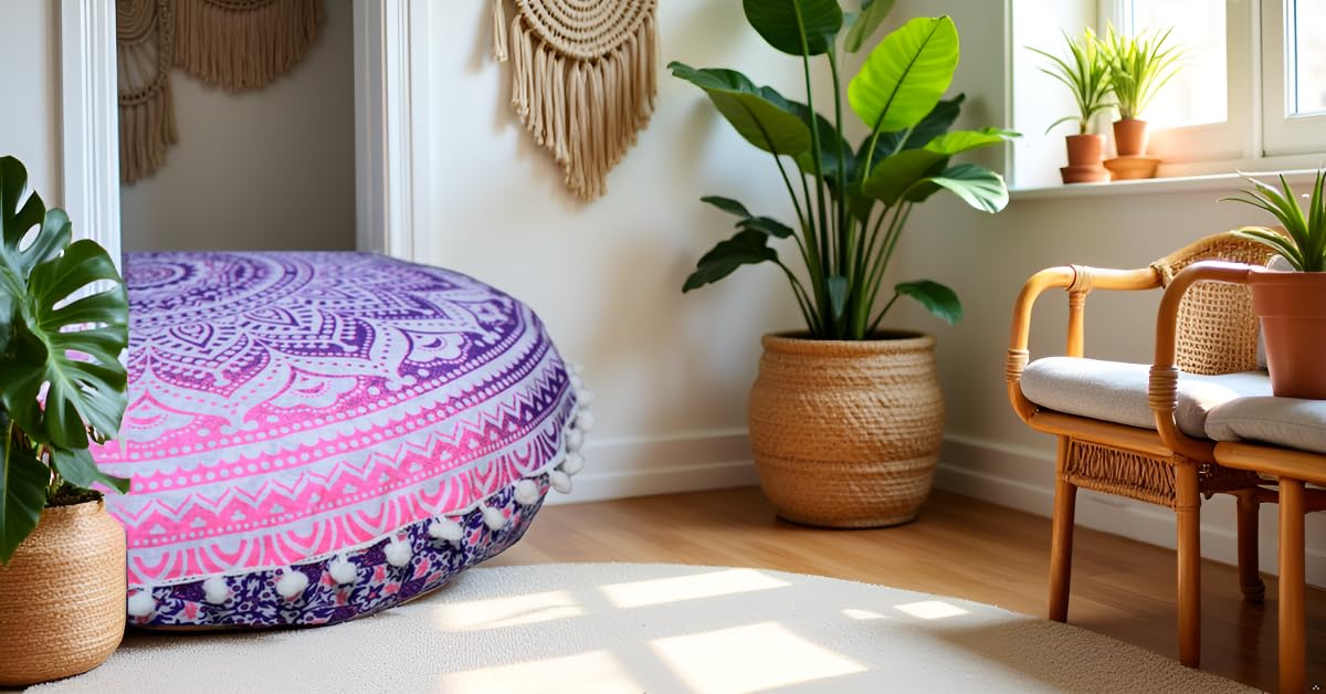 Round Mandala Floor Pillow Cover Seating Cushion Throw Ottoman Pouf Cover Pom Pom Pillow Cases Hippie Decorative Bohemian Boho Indian 22 Inches (Pink White)