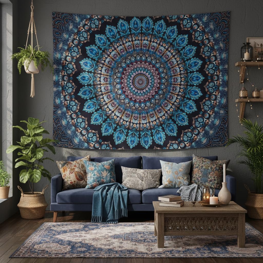 Blue Mandala Tapestry Wall Hanging Vintage Medallion Tapestry Aesthetic Hippie Boho Floral Cool Cute Large Tapestries for Bedroom Living Room Dorm Wall Decor 80 x 60 Inch (Bohemian / Navy Blue / 80"L x 60"W)