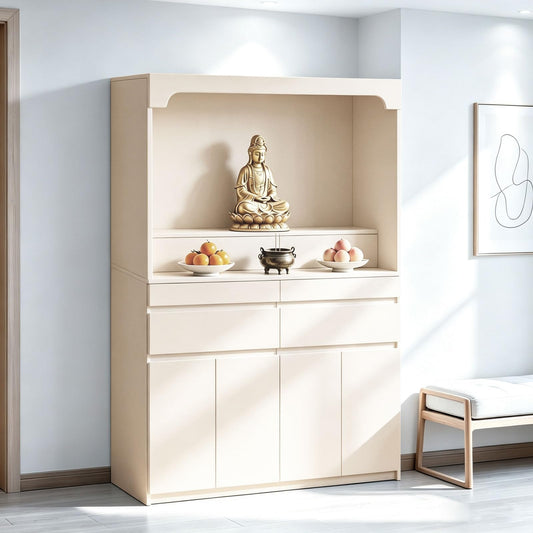 Altar Table Pooja Cabinet with Drawers and Storage Cabinets (51.2×15.7×65.4in / Beige)