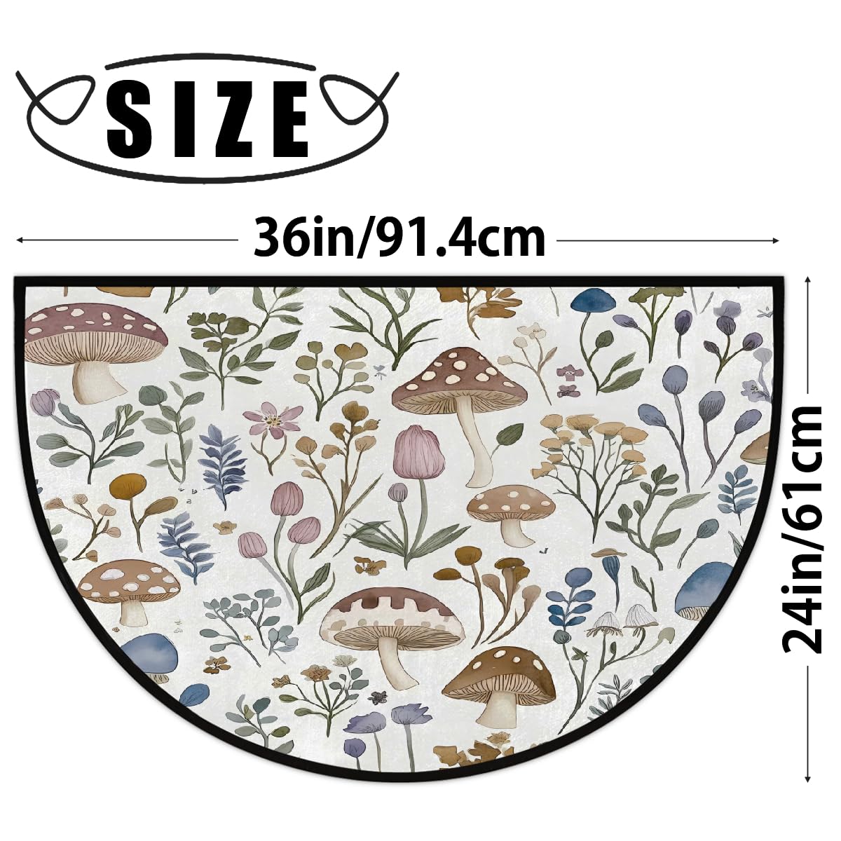 Mushroom Wildflowers Florals Half Round Door Mat Indoor Entrance Low Pile Non Slip Absorbent Semi Circle Welcome Mats Doormats 36x24 in Floor Mats for Home Kitchen (Mushroom Wildflowers Florals)