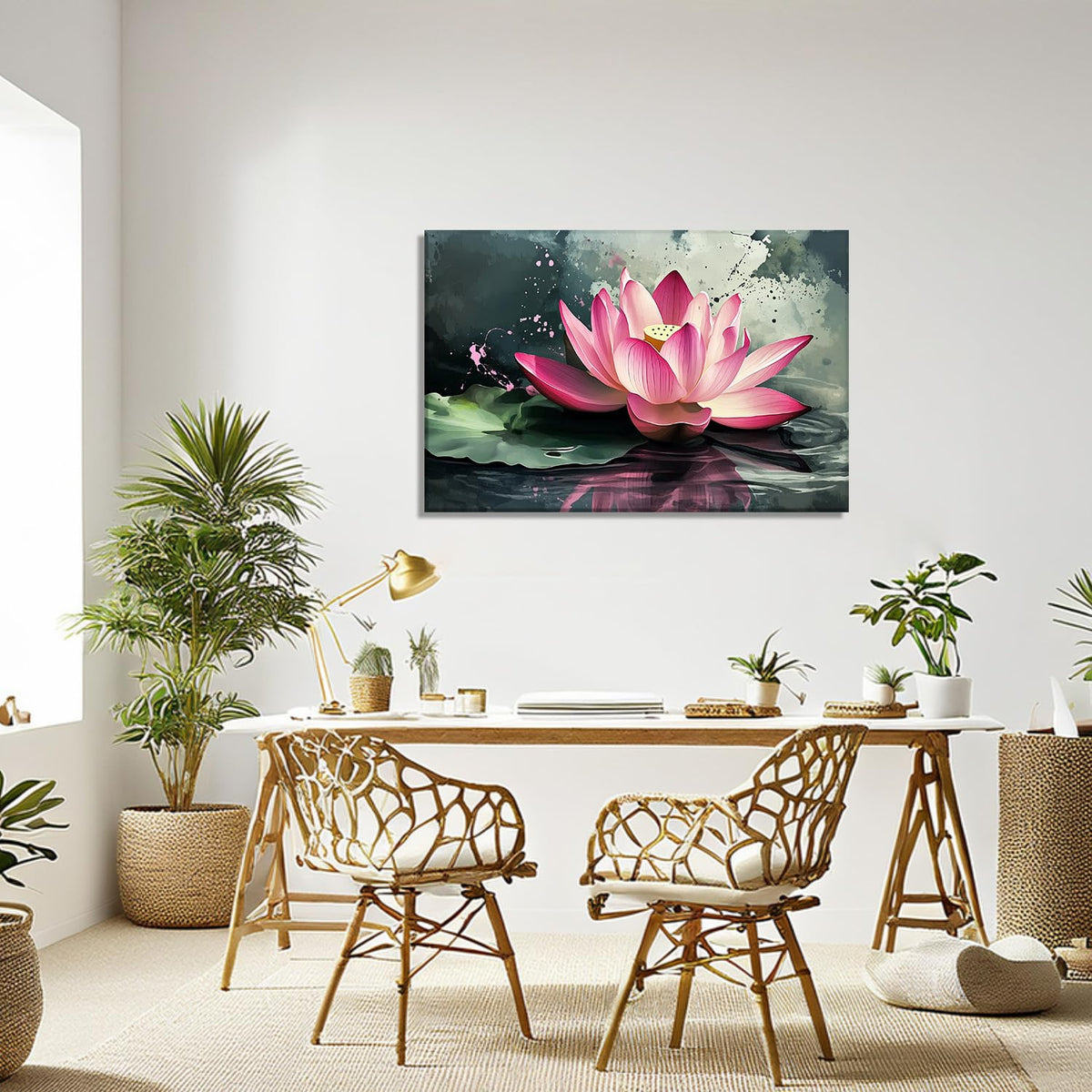 Large Lotus Canvas Wall Art Zen Wall Decor Framed Pink Lotus Flower on Water Picture Meditation & Relax Painting Watercolour Prints Spiritual Room Bathroom Ready to Hang (42"L x 28"W / P - Pink Lotus)