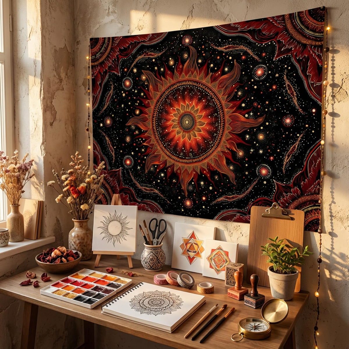 Tapestry Fiery Celestial Sun Mandala Wall Hanging Mystical Red Gold Starry Sky Decor Bohemian Yoga Meditation Backdrop 80"x60" (80"L x 60"W / Dark Red)