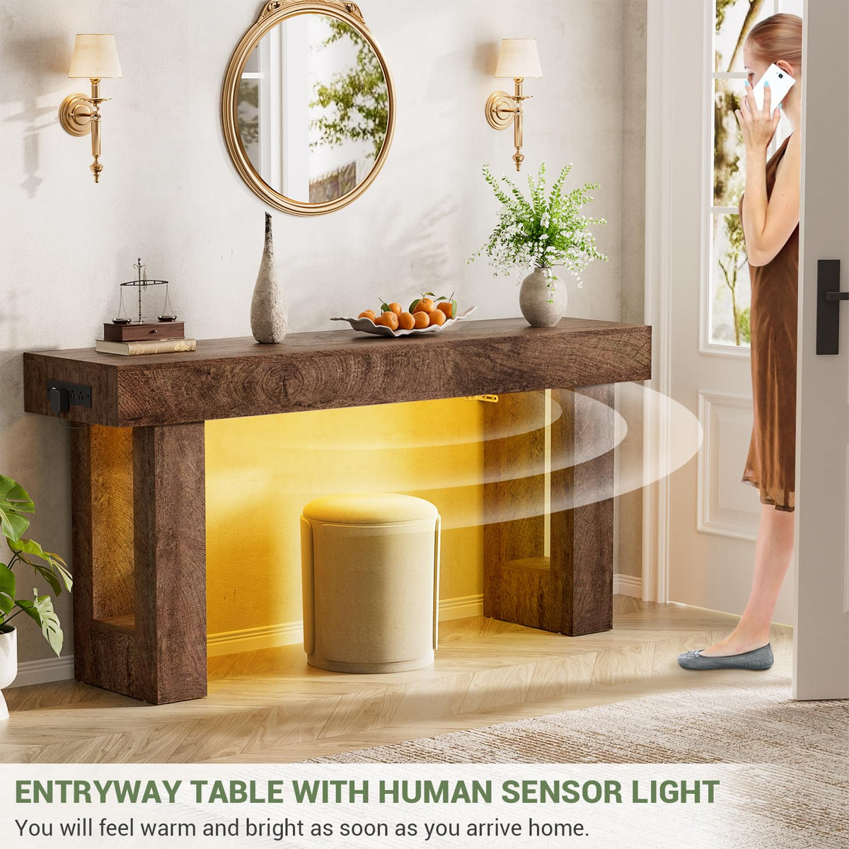 63" Console Table with Sensor Light & AC Outlets with USB (Rustic Oak / 63IN)