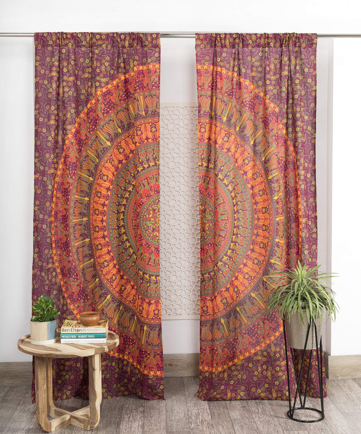 Maroon Hippie Mandala Curtains 100 Inch Length for Living Room Bedroom 2 Panels Set Light Filtering Semi Sheer Window 84 Inch Width Boho Elephant Peacock Farmhouse Drapes W84xL100 (84"W x 100"L (Pack of 2) / Maroon)