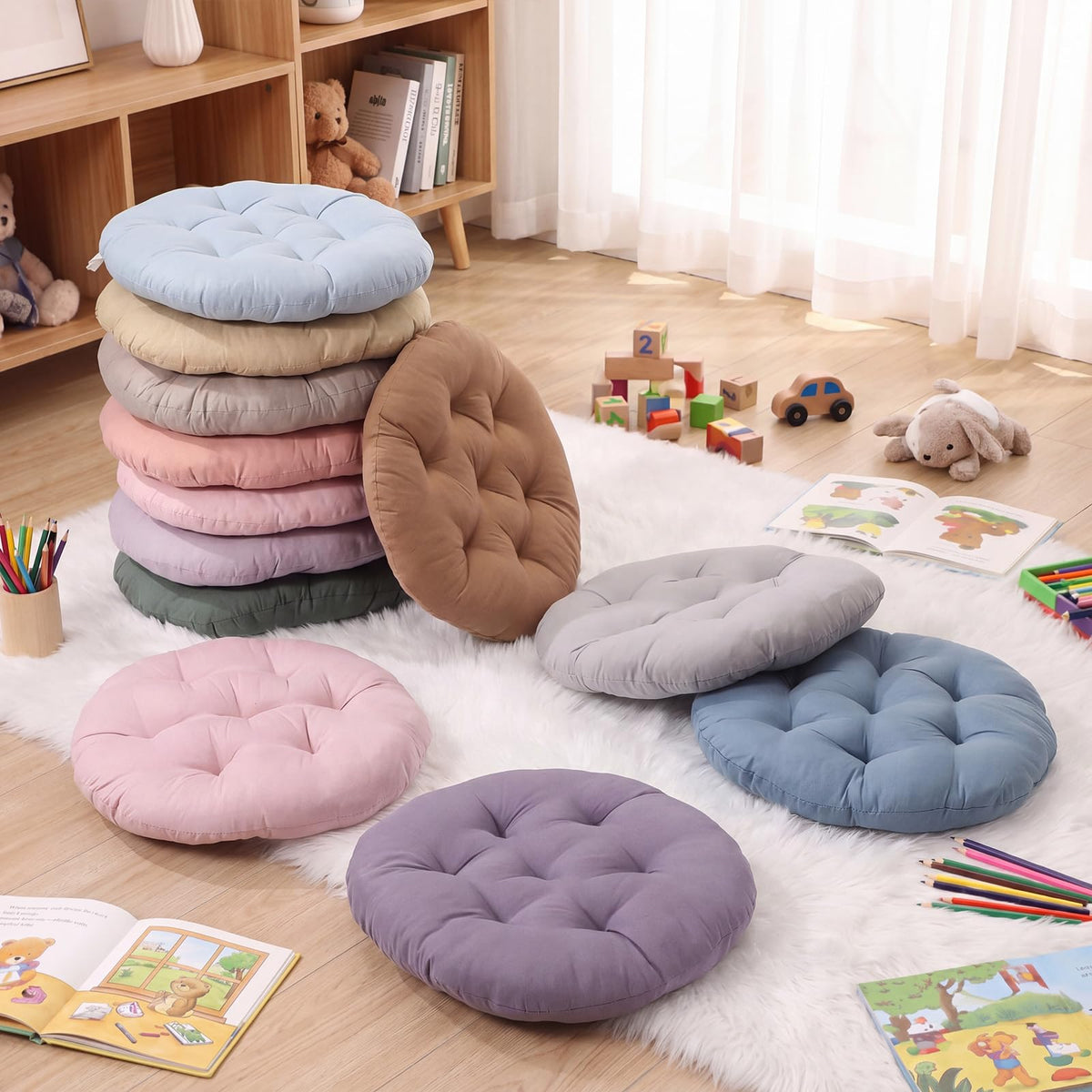 12 Pcs Round Floor Pillows Cushions Seating 16 x 16 Inches Floor Round Cushions for Kids Toddlers Flexible Reading Chair Pillows for Classroom Home School Playing Supplies (Morandi Color)