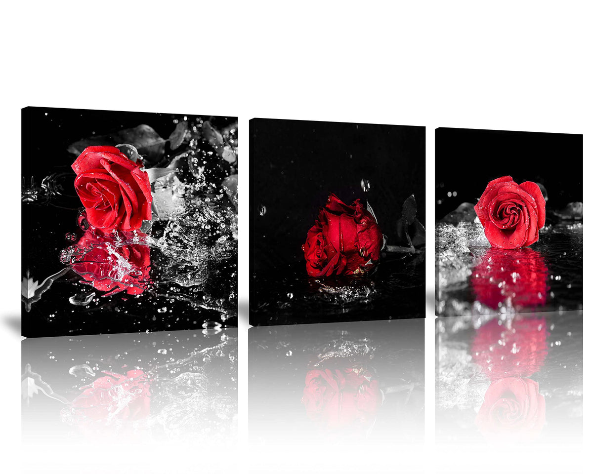 3 Pcs Modern Canvas Painting Black and White Red Rose Canvas Art Rose and Water Drops Wall Art Flower Picture on Canvas for Home Decor Giclee Framed Artwork for Wall 14X14inchX3pcs (14 x 14 inches (3-Piece Set) / Rose & Drops)