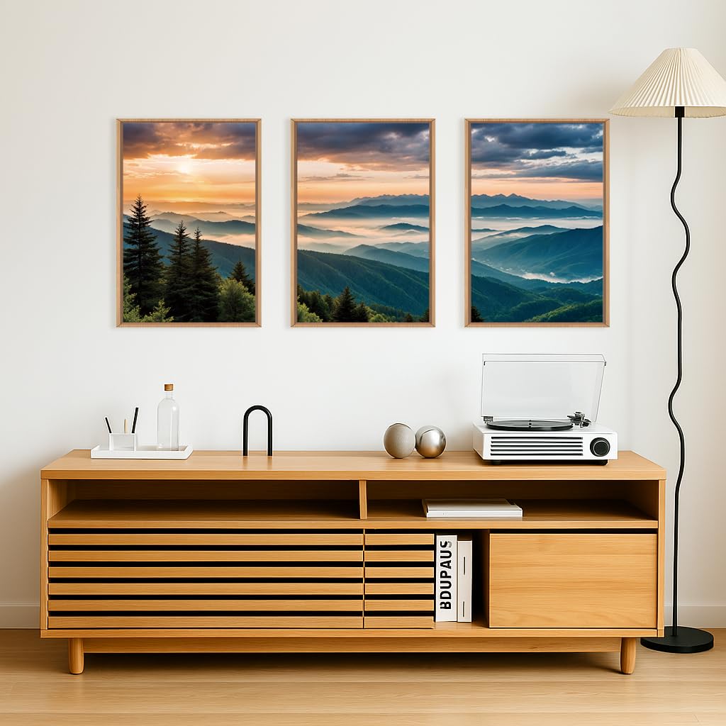 Large Nature Mountain Sunrise Framed Canvas Wall Art (Boho Forest Mountain Wall Art / 24"x36"x3)
