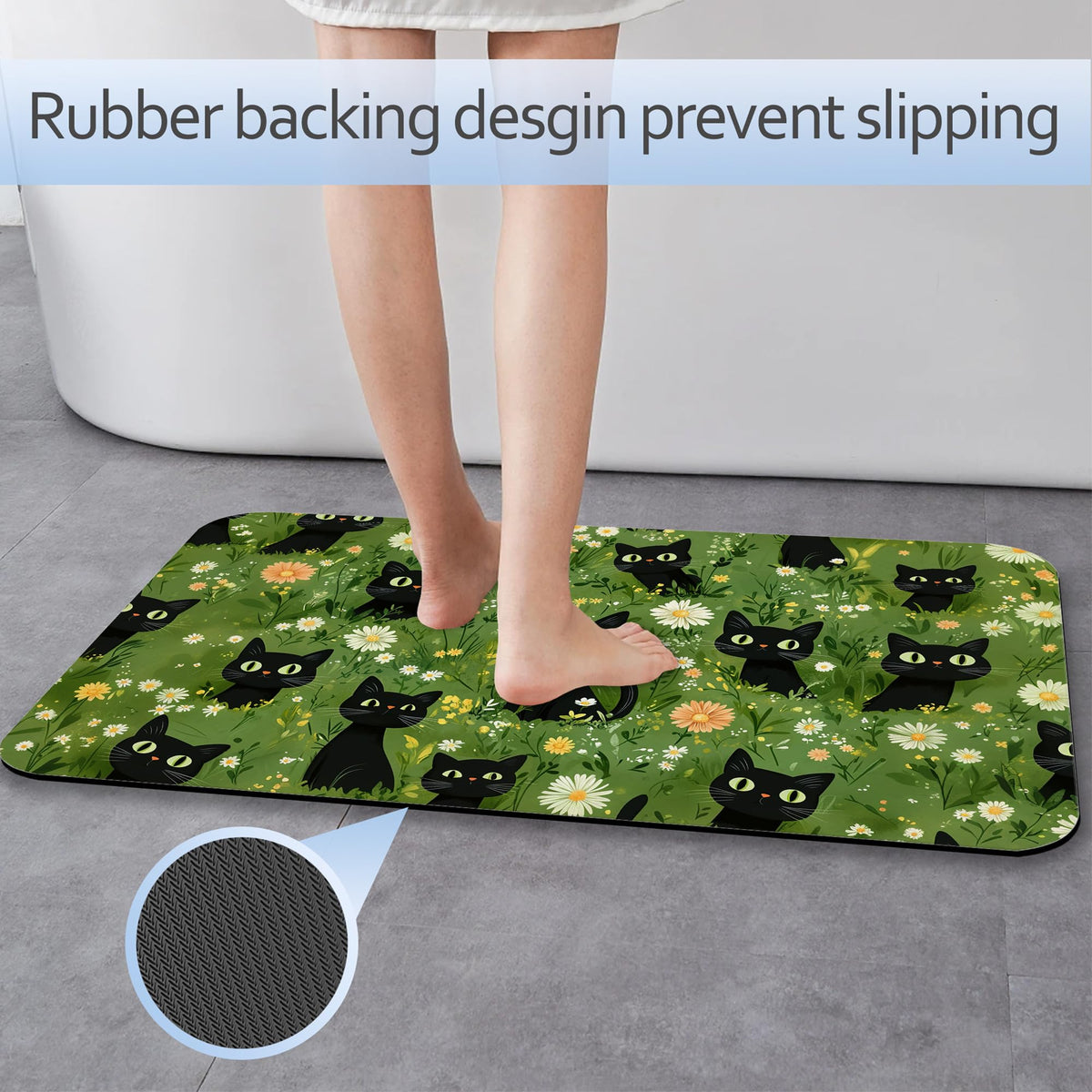 Cute Black Cat Bathroom Rug 29.5"x17" (Cute Black Cat,flowers)