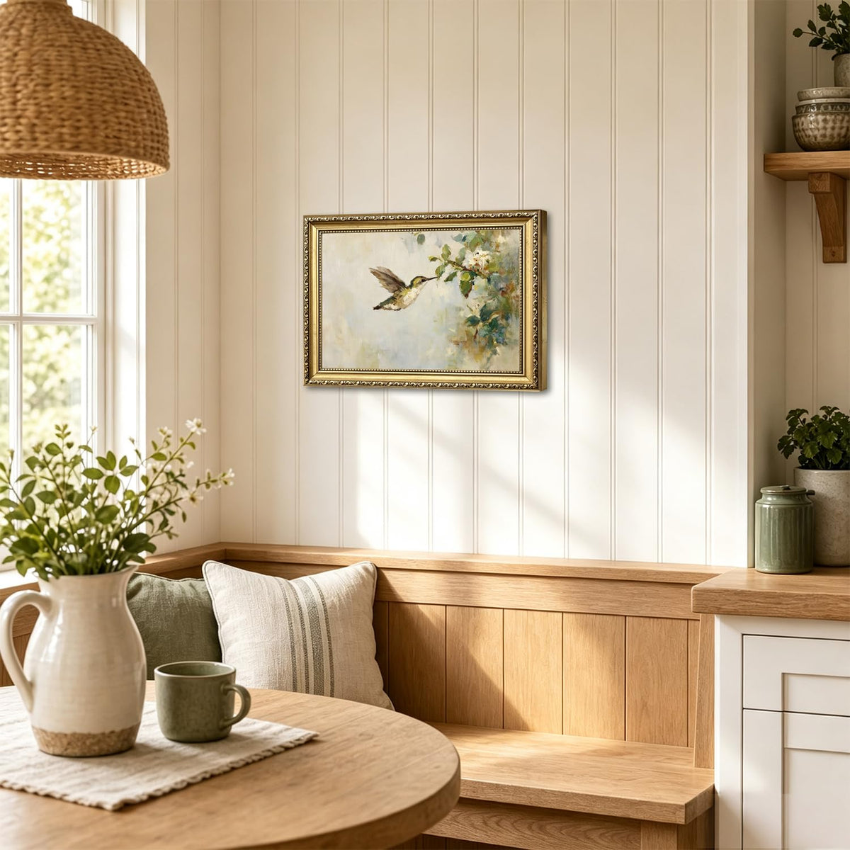Hummingbird Wall Art Vintage Bird Floral Wall Decor Picture Rustic Cottagecore Animal and Botanical Canvas Painting Print for Living Room Bedroom Bathroom 24x16 inch Gold Framed (Animal-O / 24"L x 16"W)