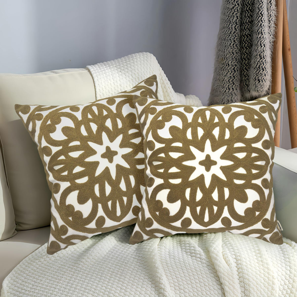 Boho Embroidered Throw Pillow Cover 18"x18" Set of 2 (Taupe Khaki / 18" x 18" (Pack of 2))