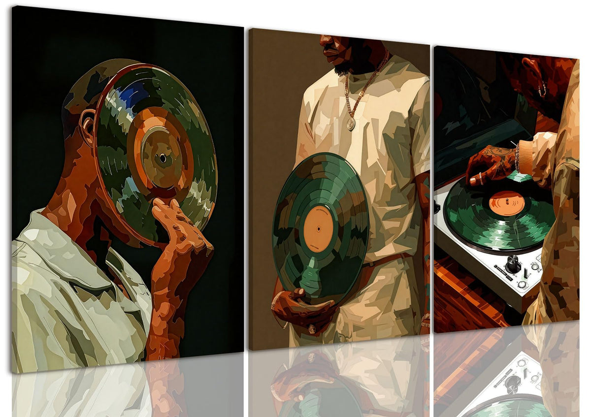 3 Piece African American Wall Art Black Men Wall Decor Fashion Music Pictures Record Canvas Art Music Studio Paintings Modern Trendy Artwork For Living Room Bedroom 16"x24" (Record White / 16x24in)