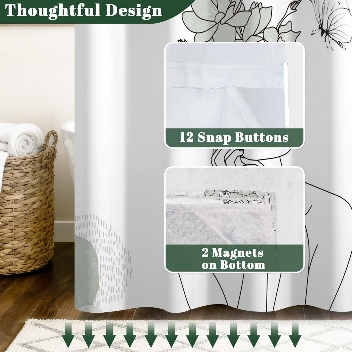 Minimalist Artistic No Hook Shower Curtain with Snap in Liner (Art-2)