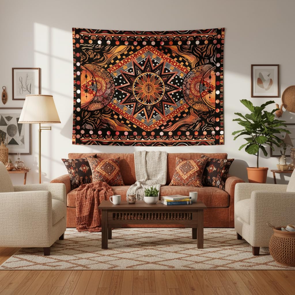 Orange Sun and Moon Tapestry Wall Hanging (Orange / 60"L x 50"W)