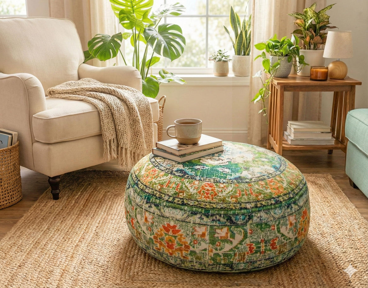 Indian Yoga Décor Pouf Cover Green Round Green Floor Pillow Case Room Décor Moroccan Decorative Cushion Cotton 24x8 Unstuffed (24x8 Cover Only / Green)