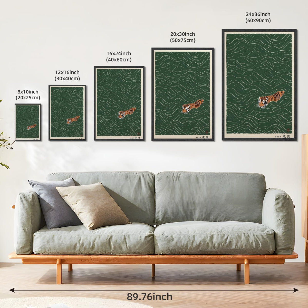 Funny Japanese Tiger Swimming Canvas Print Vintage Ukiyo (16"L x 24"W / style-3 Black Frame)