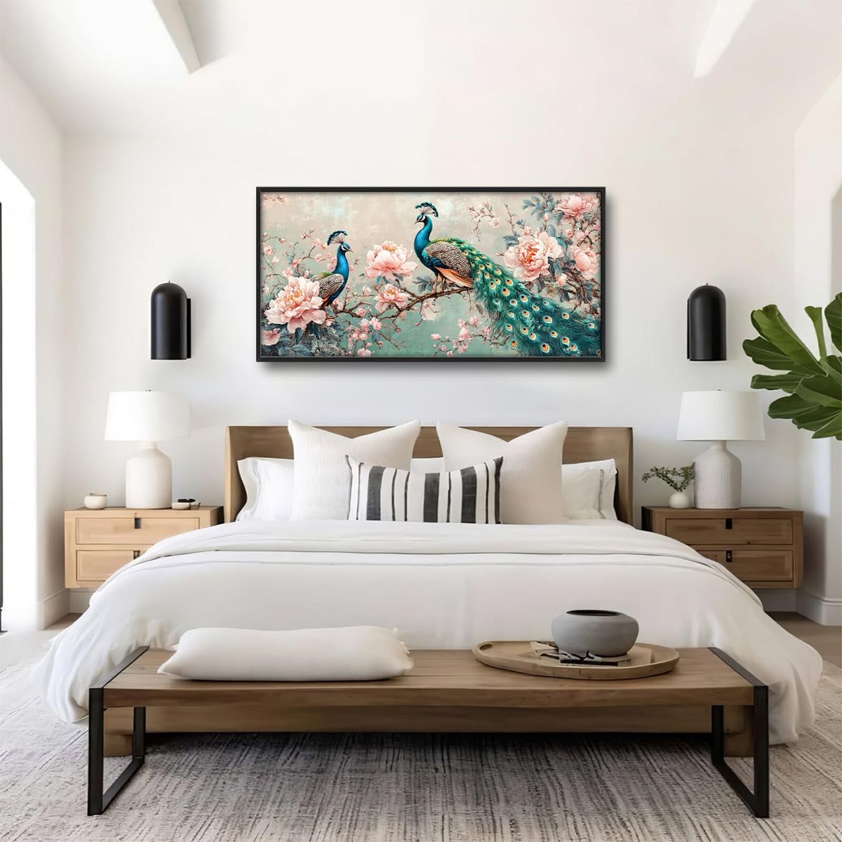 Peacock Large Wall Art Elegant Peacock Framed Wall Decor Canvas Pictures Painting for Living Room Bedroom Dining Room Women 30"x60" (Peacock Pink Floral / 60"L x 30"W)