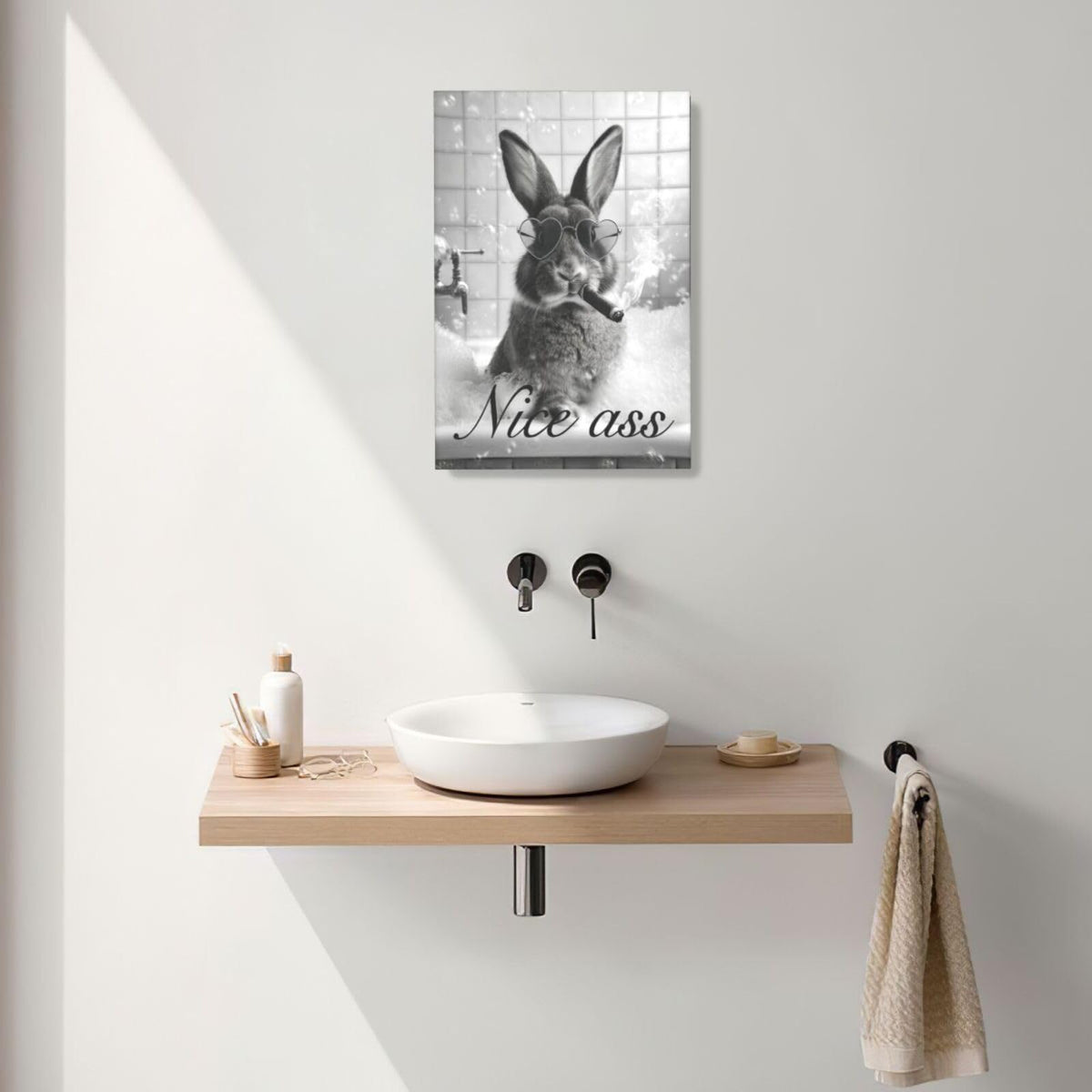 Funny Rabbit Bathroom Wall Art Black And White Bunny Bathtub Canvas Wall Decor Pictures Paintings Prints Artwork Framed Decorations For Bedroom Living Room Gifts 16" x 24" (Rabit / 24"L x 16"W)