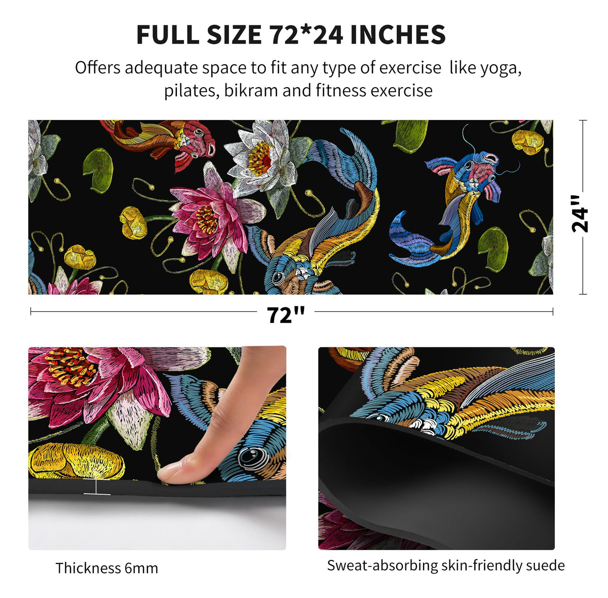 Yoga Mat Print Extra Thick TPE Non Slip Fitness Exercise Mat with Carrying Bag (Koi)
