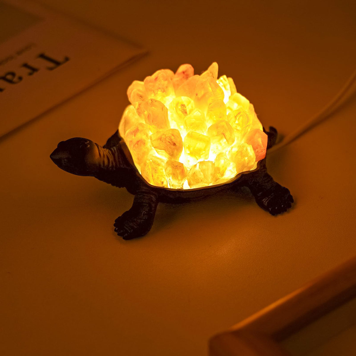 Natural Yellow Tooth Turtle Night Lamp Healing Crystal Bedroom Bedside Table Lamp USB Port Home Decor Women Men Gift (Yellow)