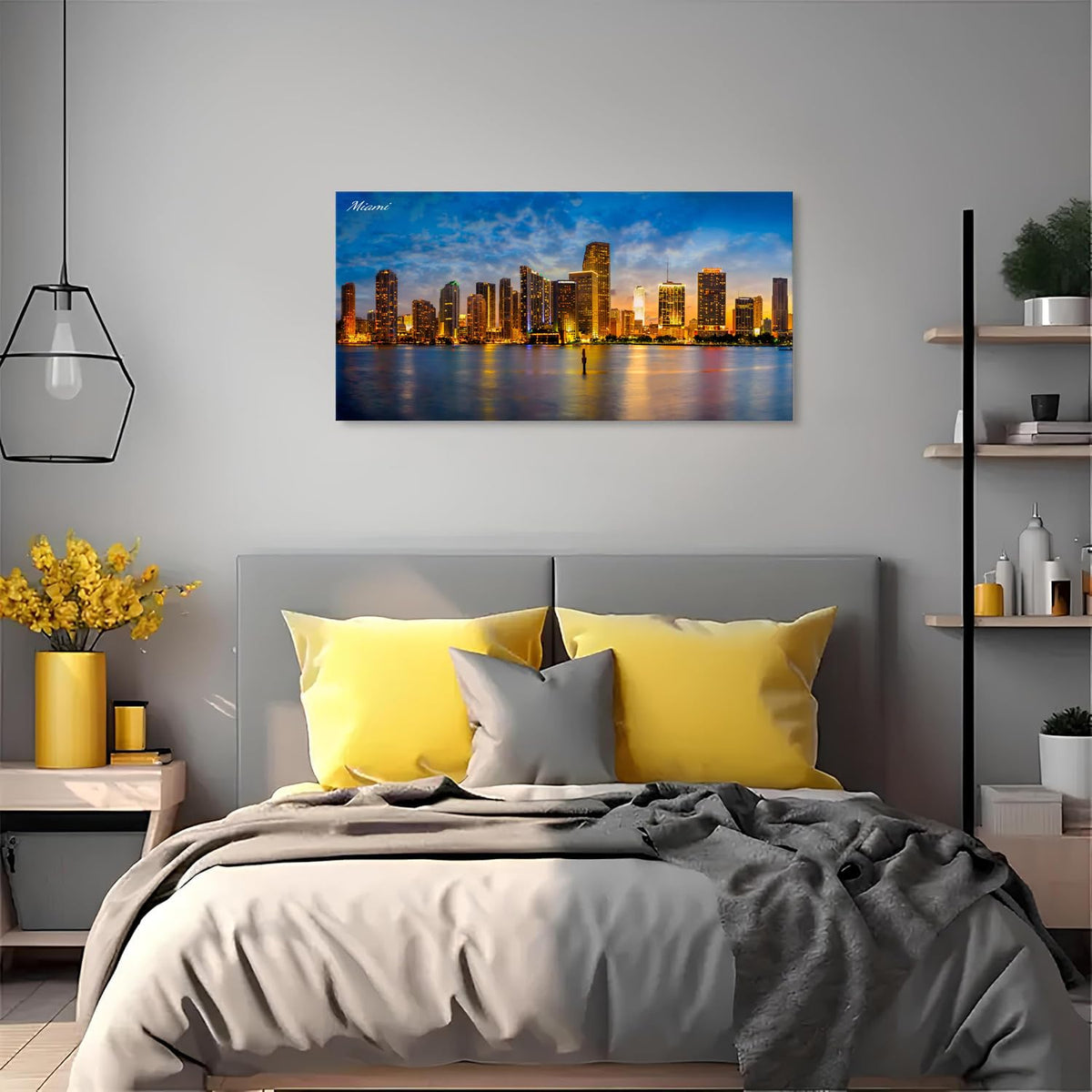 Miami Wall Art City Skyline Picture Prints Modern Office Home Decor Cityscape Painting Skyscrapers Night View Canvas Picture USA Florida Landscape Canvas Poster Artwork Living Room Decorations 20x40” (40"L x 20"W / Miami)