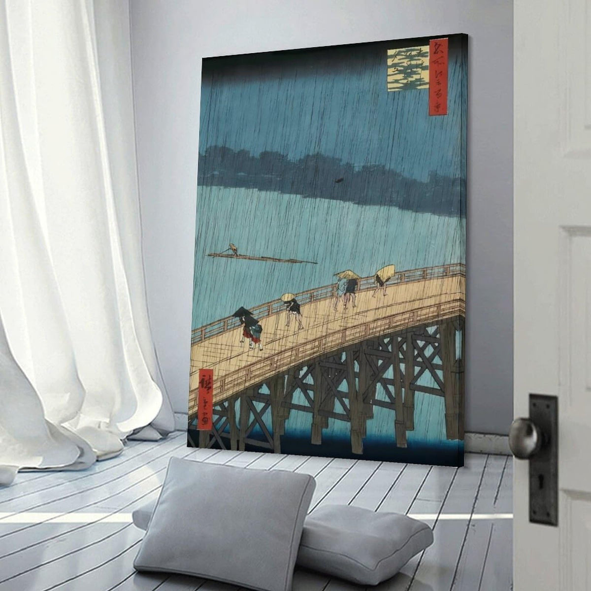 Hiroshige Ohashi Bridge In The Rain Canvas Printing Wall Art Ukiyoe Japanese Landscape Prints Vintage Blue River Bridge Scene Posters Wall Decor For Living Room Bedroom Office 12x18inch (style-9 / 12x18inch(30x45cm) Frame)