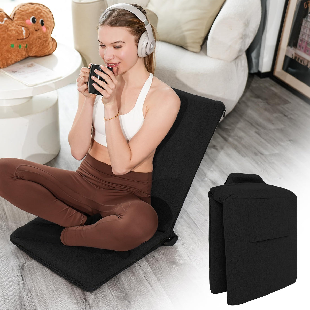 Adjustable Floor Chair with Back Support Foldable Meditation Chair (Black)