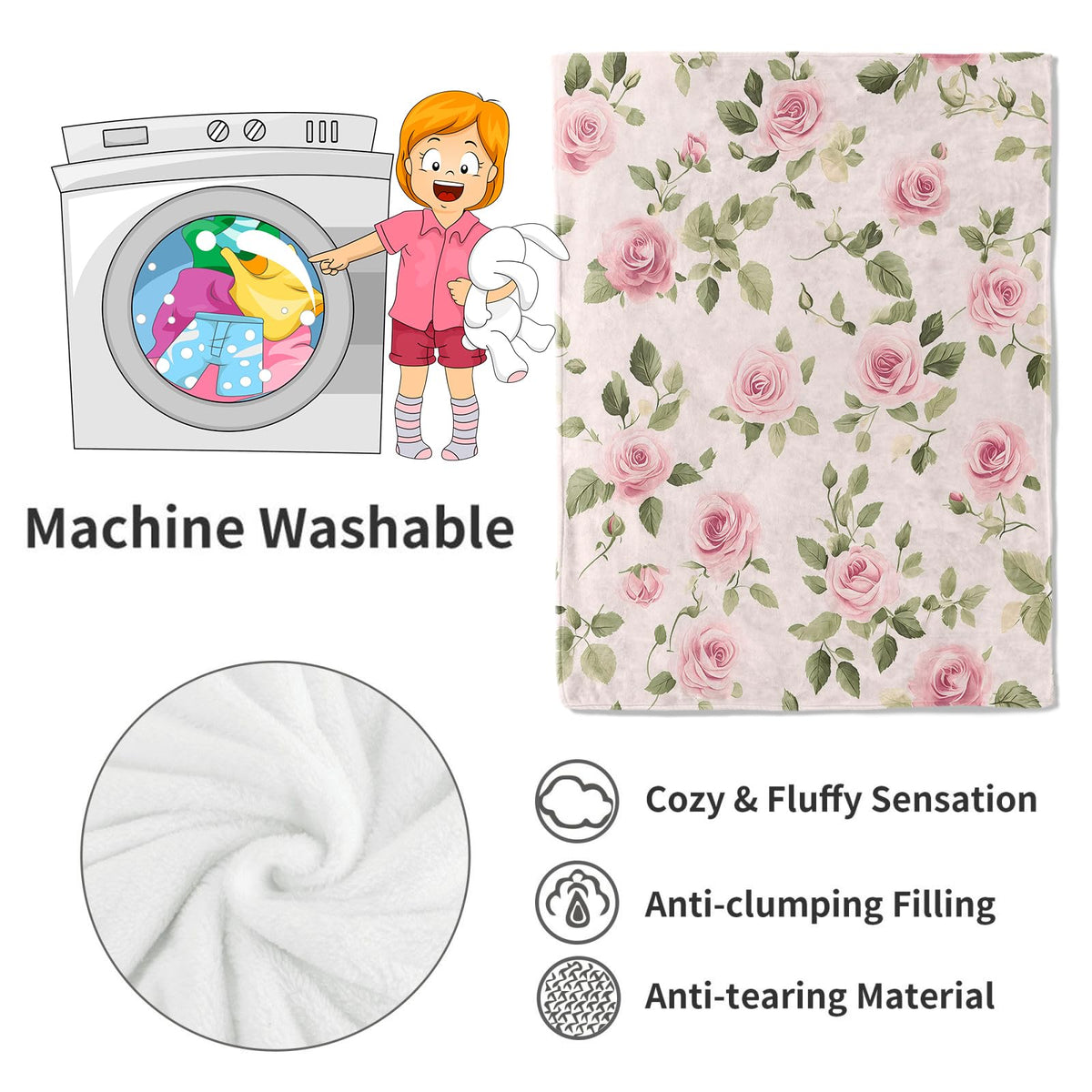 Floral Pink Rose Blanket Flower Throw Blankets with Green Leaves (40x50in / Rose)