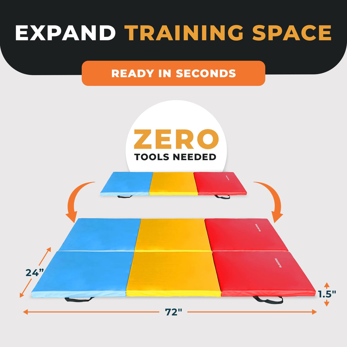 Fitvids 2ft x 6ft Three Fold Folding Exercise Mat with Carrying Handles for MMA (Multi-Color)