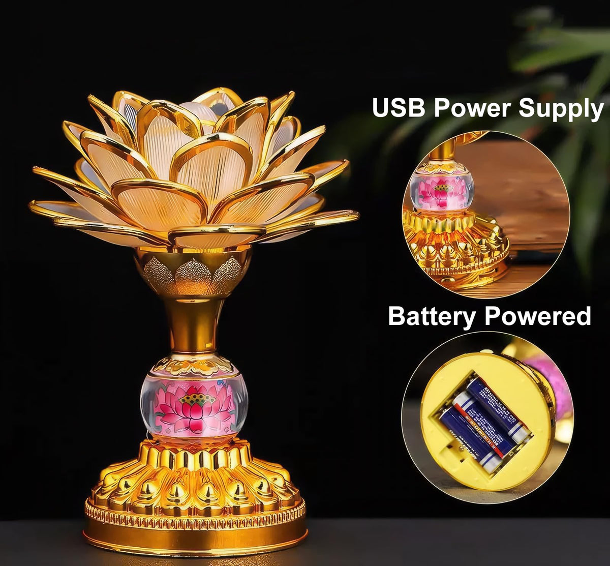 2 Pack Colorful LED Lotus Buddhist Lamp (Champagne Gold)