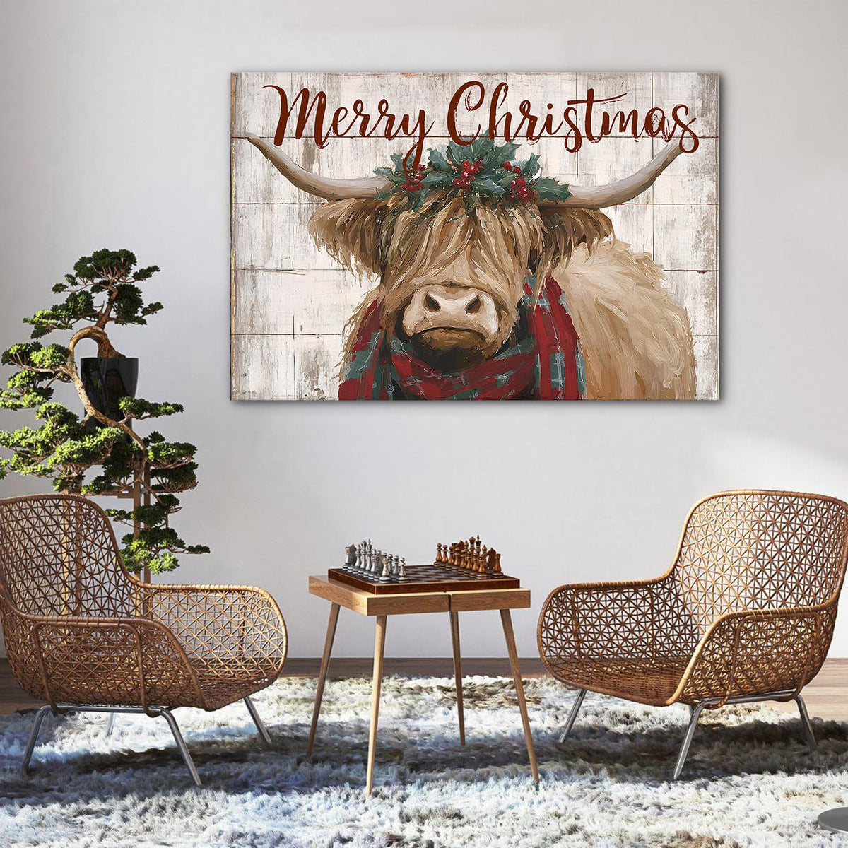 Merry Christmas Wall Art Farmhouse Highland Cow Pictures Wall Decor for Living Room Rustic Country Farm Animal Canvas Prints Vintage Christmas Artwork for Kitchen Dining Room Home Decorations 32x48" (48"L x 32"W / Xmas Cow)