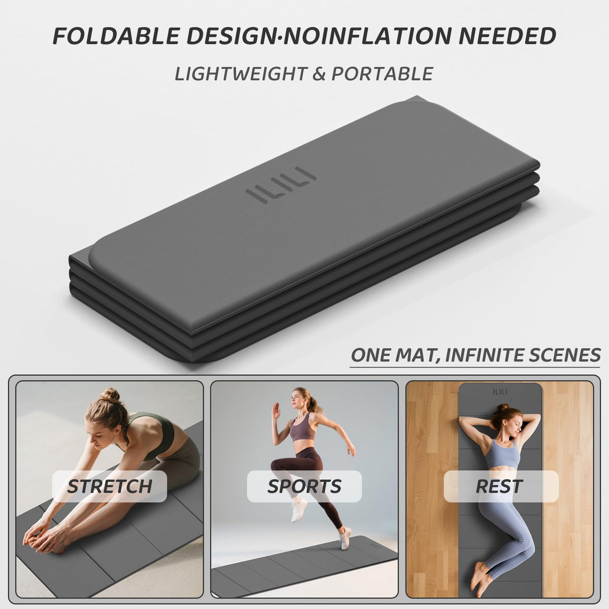 Foldable Yoga Mat 71 * 24 * 0.3 Inch (Dark Grey)