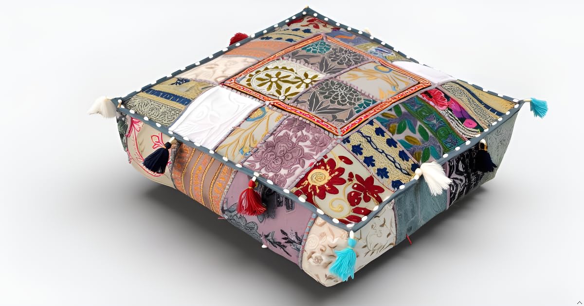 Indian Square Patchwork Traditional Pouf Cover Indian Living Room Poufs Decorative Embroidered Designer Ottoman Home Living Footstool Chair Cover Decor Pillow Cover 16x16x5 inches (16"D x 16"W x 5"H / Grey)