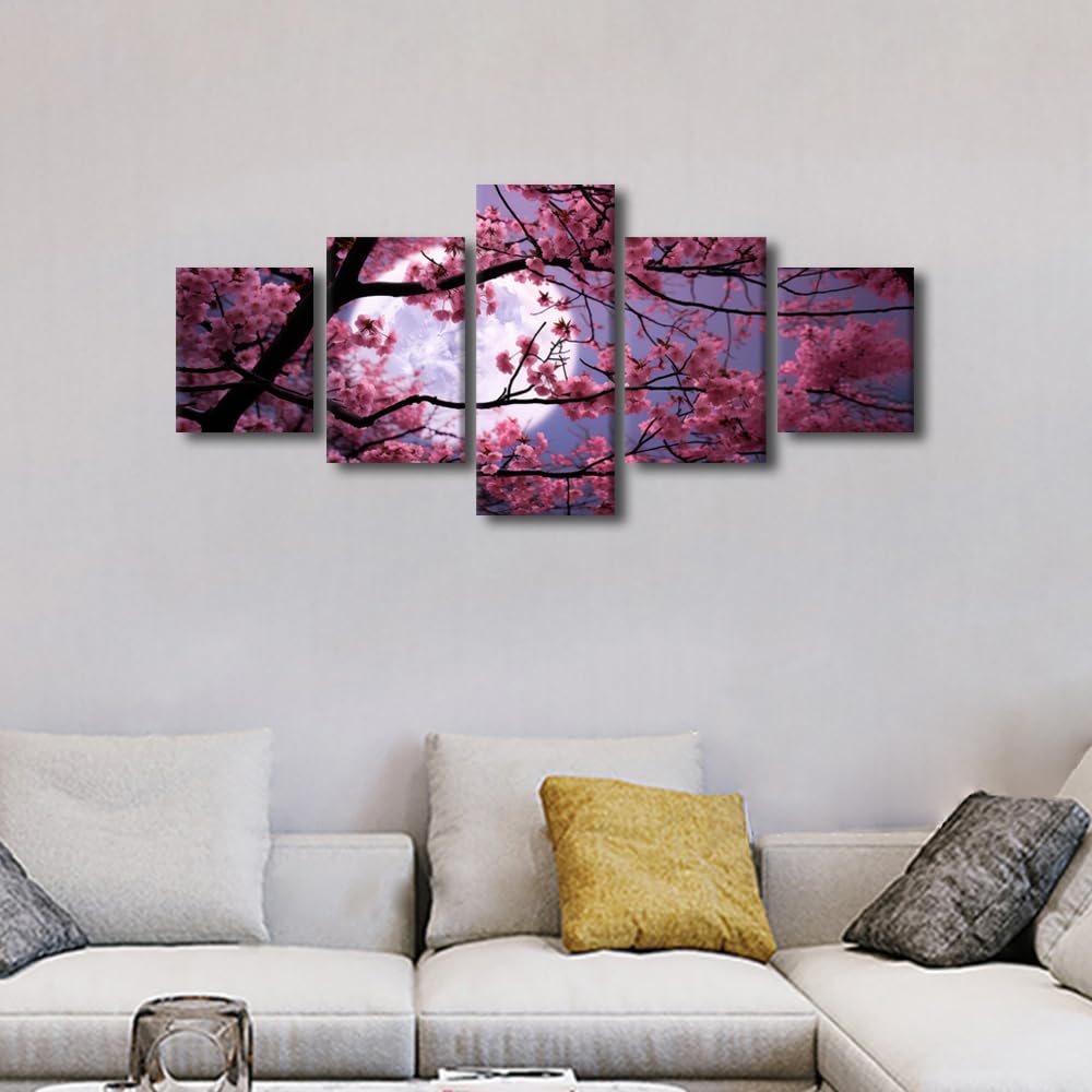 Canvas Wall Art Tranquil Cherry Blossom Morning With Pink Flowers Five Panel Framed Painting Spring Floral Decor Living Room Wall Art Ready To Hang 50"Wx24"H‌ (50''Wx24''H / Artwork-04)