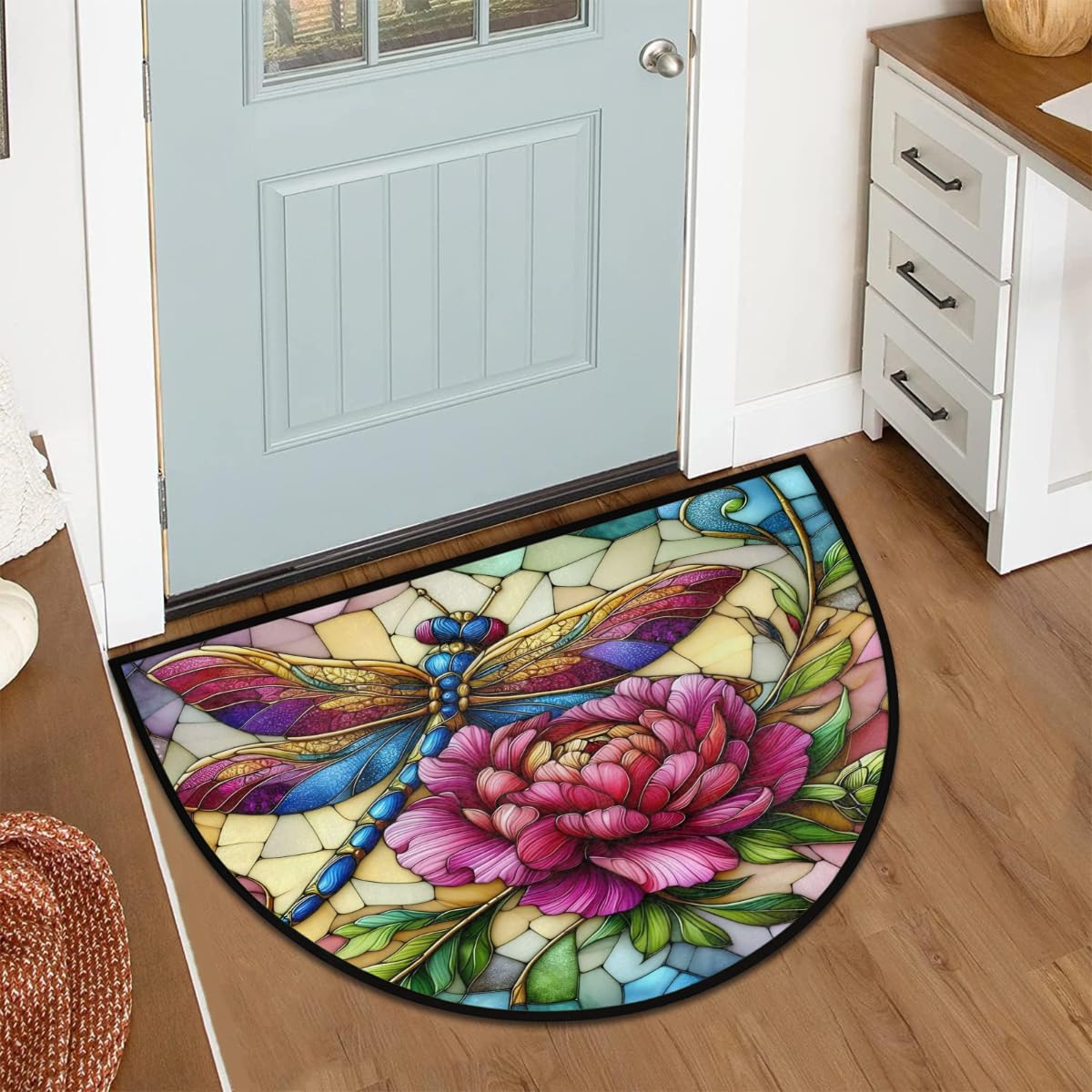 Half Round Doormat Butterfly Flower Colorful Semi Circle Rug Non Slip Indoor Outdoor Entrance Half Moon Rug Washable Front Floor Mat for Kitchen Bathroom Patio Fireplace Holiday Decor (A03:dragonfly Flower)