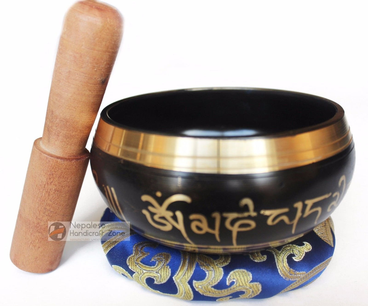 Color Singing Bowl Set with free stick and cushion by Nepalese Handicraft Zone (Black Style 2)
