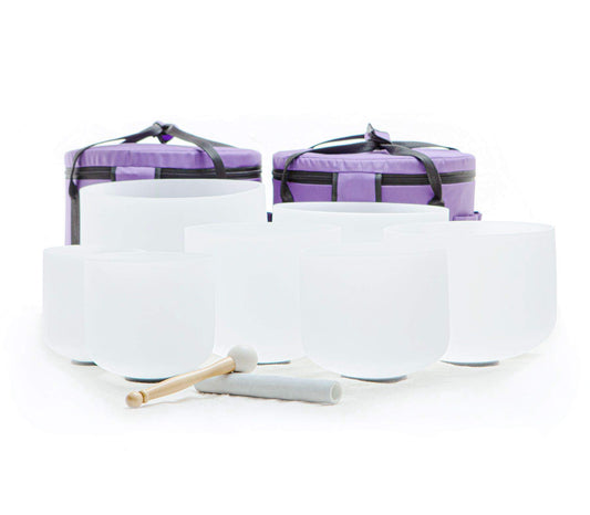 6 12 inch Chakra Tuned 432hz Set of 7 Flawless Quartz Crystal Singing Bowls with Heavy Duty Carrying Cases and Singing Bowl Mallet Suede Strikers (Set of 7, 6-12 inches / Flawless white set)