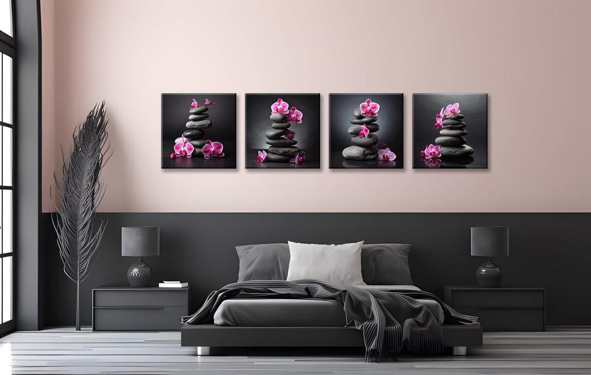 Zen Purple Orchids and Zen Stones Canvas Wall Art (20X20inchX4 / Pink Orchid & Stone)