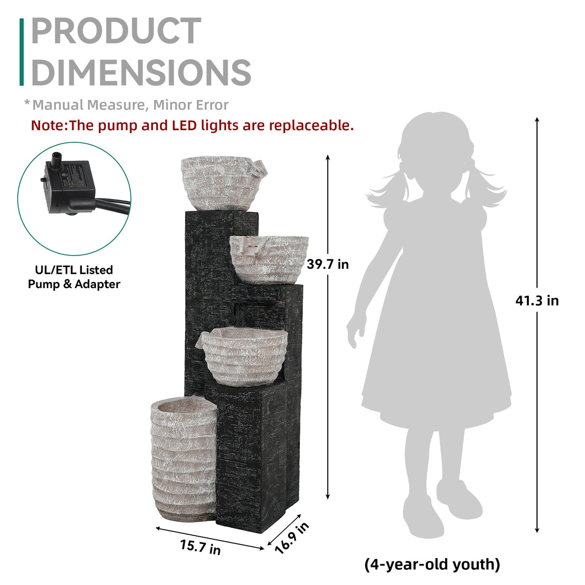 40" H Outdoor Water Fountain Upgraded Pump & Light Separate Control (Off-white Gray 39"h)