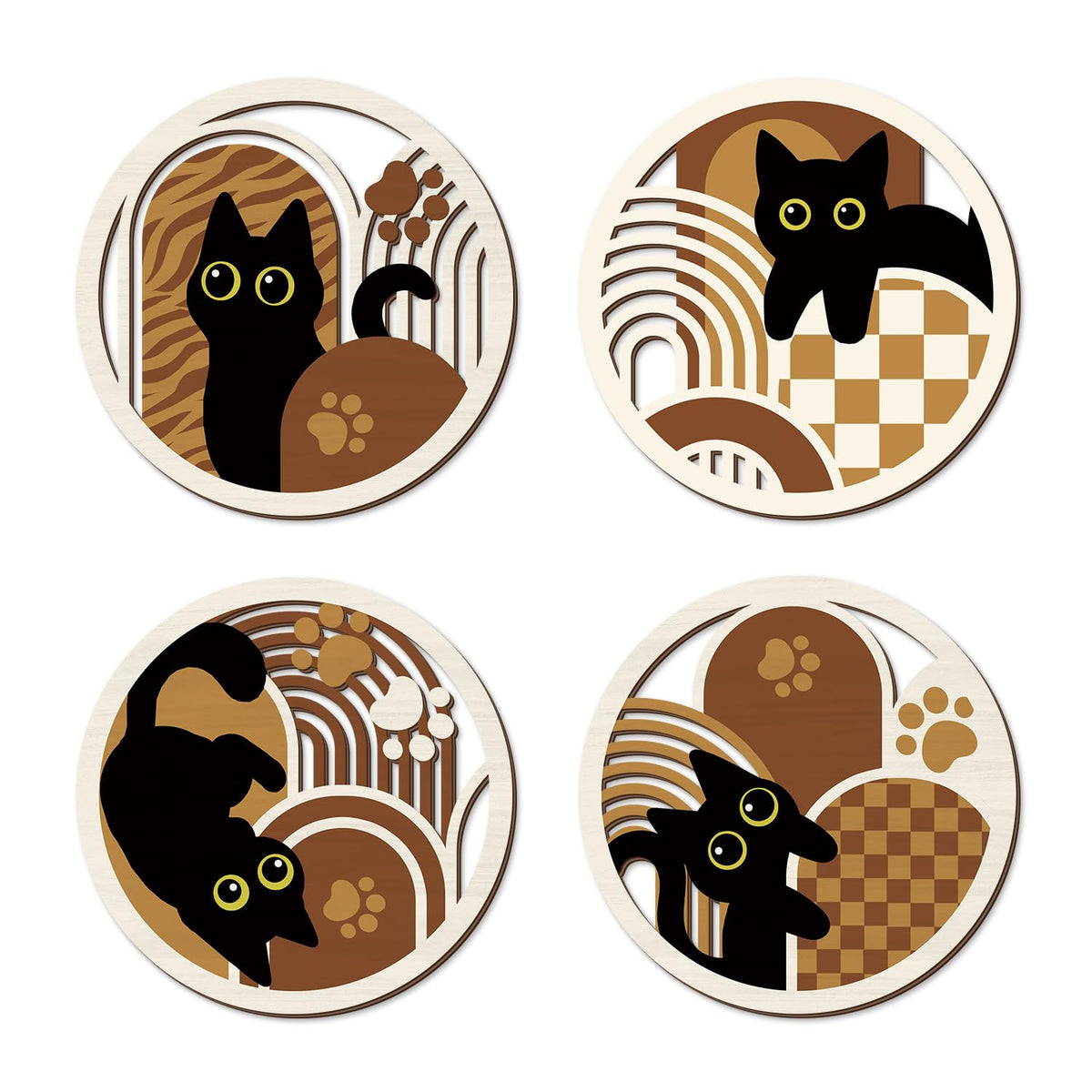 Boho Black Cat Wall Art Geometric Black Cats Hanging Sign (4pcs Boho Black Cat Wall Art)