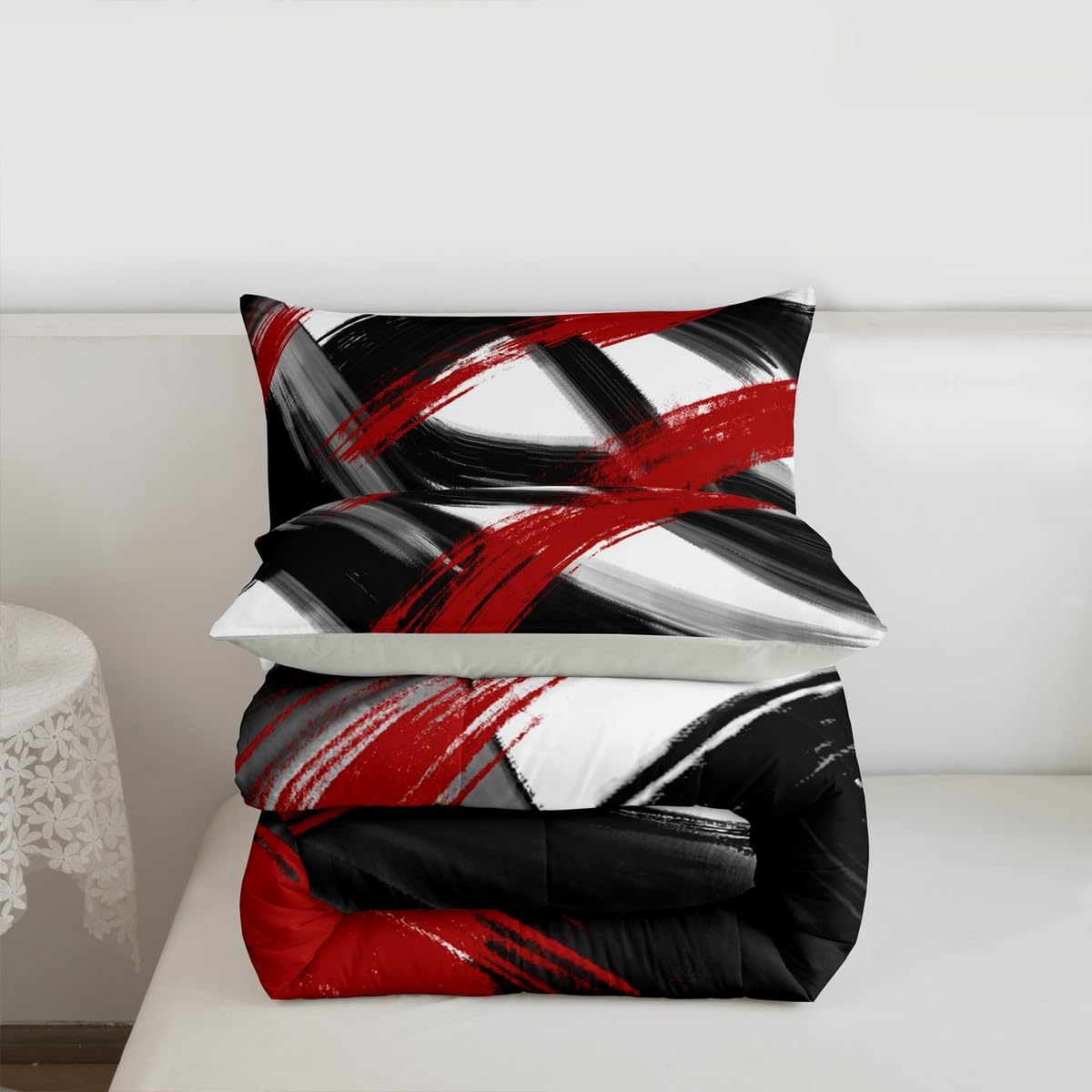 Black Red Comforter Set Twin Size Abstract Geometric Bedding Set for Boys Girls Modern Minimalist Duvet Quilt Room Decor Breathable Soft Microfiber All Season 2Pcs with 1 Pillow Case (Multi 45684 / Twin)