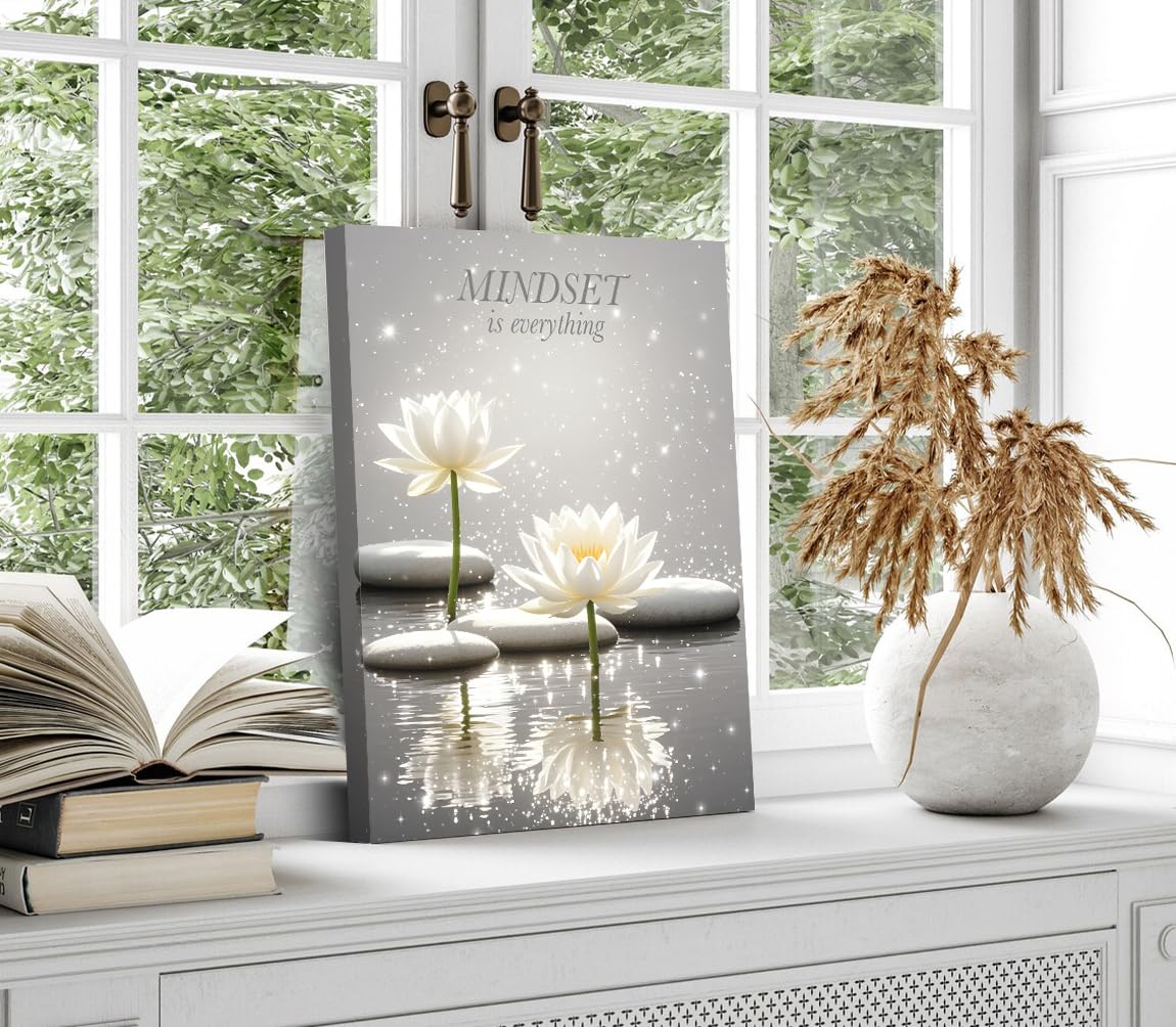 Lotus Floral Mindset Motivational Quotes Poster for Zen Office Wall Decor (Framed 12"X16"- Canvas Prints Art Lotus Floral)